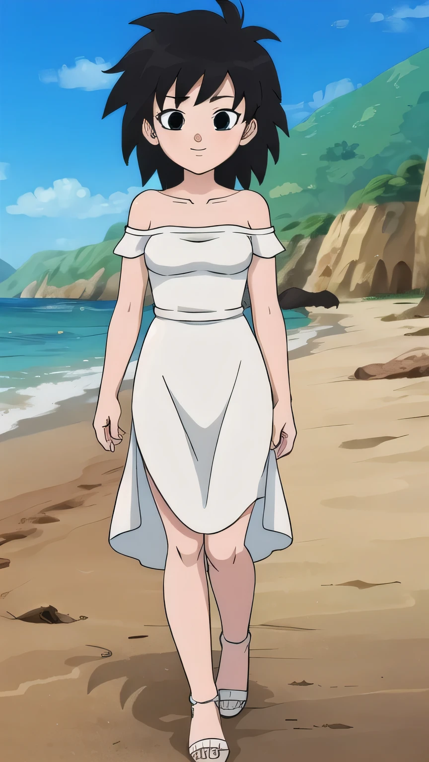 anime screencap, masterpiece, best quality, highres, outdoors, small breasts, gine, spiky black hair, 1 girl, Solo, Black Eyes, Good hands are down, Smile, Blushing, Bare Neck, Bare Shoulders, strapless, white dress, White Ruffle off-the-shoulder maxi dress with a high-low hem. Cowboy shot. A landscape of the beach, sea, blue skies, sand beach. In the center. Walking on the beach with bare feets. Far from the bottom, looking at viewers