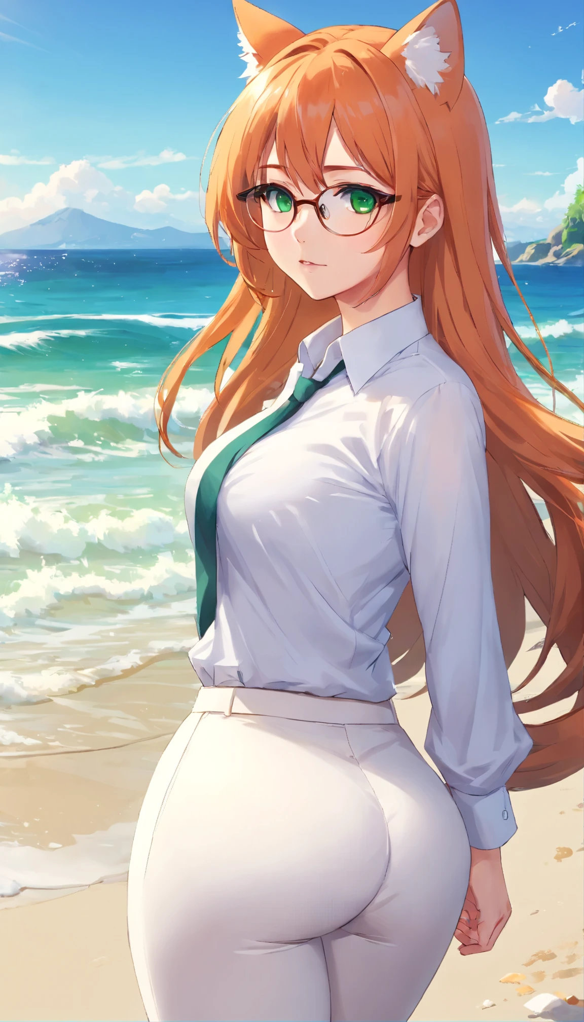 (masterpiece, Best quality), 8K, ultra detailed, realistic photo, Detailed face, perfect lighting, green eyes, bright orange hair, bright hair, fox ears, nice legs, side photo, beautiful, Cute, skin pores, 1 girl, perfect shirt, fully dressed, beautiful women 30 years old, Beautiful proportions, Russian woman, Caucasian, European, Business lady, stunningly beautiful woman, mother, thick legs, show ass, big breasts, (Thin white shirt:1.4), thick, hot, (White Office Wear:1.4), tight pants, (wide hips:1.2), thick, (white Office pants:1.3), spread your legs, Legs open, full length, wide hips, Glasses, with long orange hair, standing on the beach near the ocean, green eyes detailed digital anime art, cat ear, anime girl with long hair, гладкое аниме cg art, anime girl with long hair, digital anime art, work in Guweiz style, Beautiful anime portrait, Photorealistic render of an anime girl, pantyhose, Beautiful anime girl, advanced digital anime art, guweiz на artstation pixiv HD UHD HQ