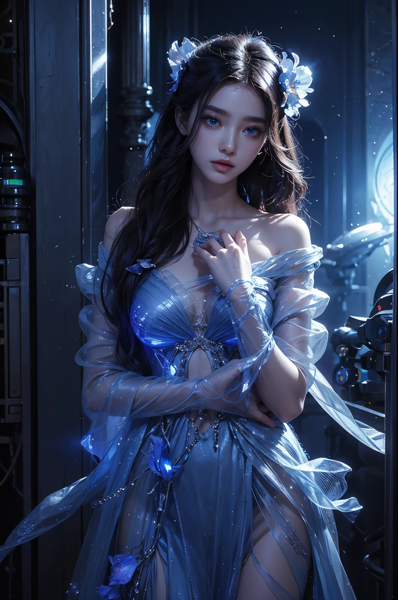 Full figure, seven -clinging shooting, 18 years old, wearing transparent science fiction clothes, exquisite faces, details, hands, ultimate details, amazing magnificence, LED internal lighting, Pedaipan style, fiber hair, glowing blue iris, glowing blue iris. ,,