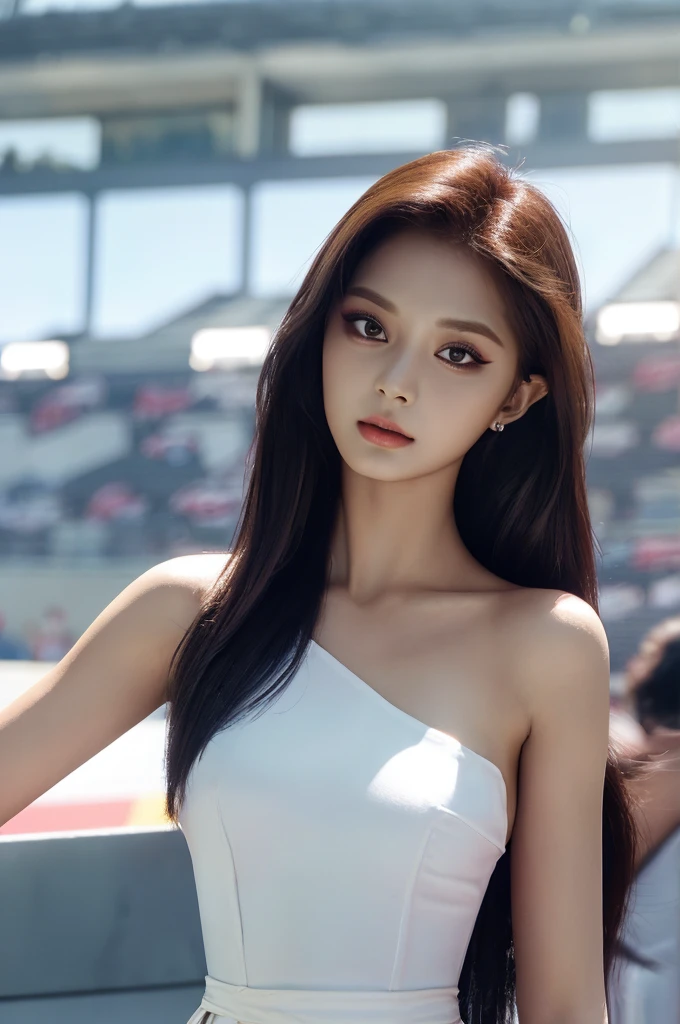 Tzuyu 1, woman, (Realistic), (Hyperrealism), (photoRealistic), Written boundary depth, eye make up:0.7 (whole body:1.2), (Large Bust),(Tight waist), Observe the audience,In the pits of a race track, Race Queen, A sexy dress with open shoulders and neckline