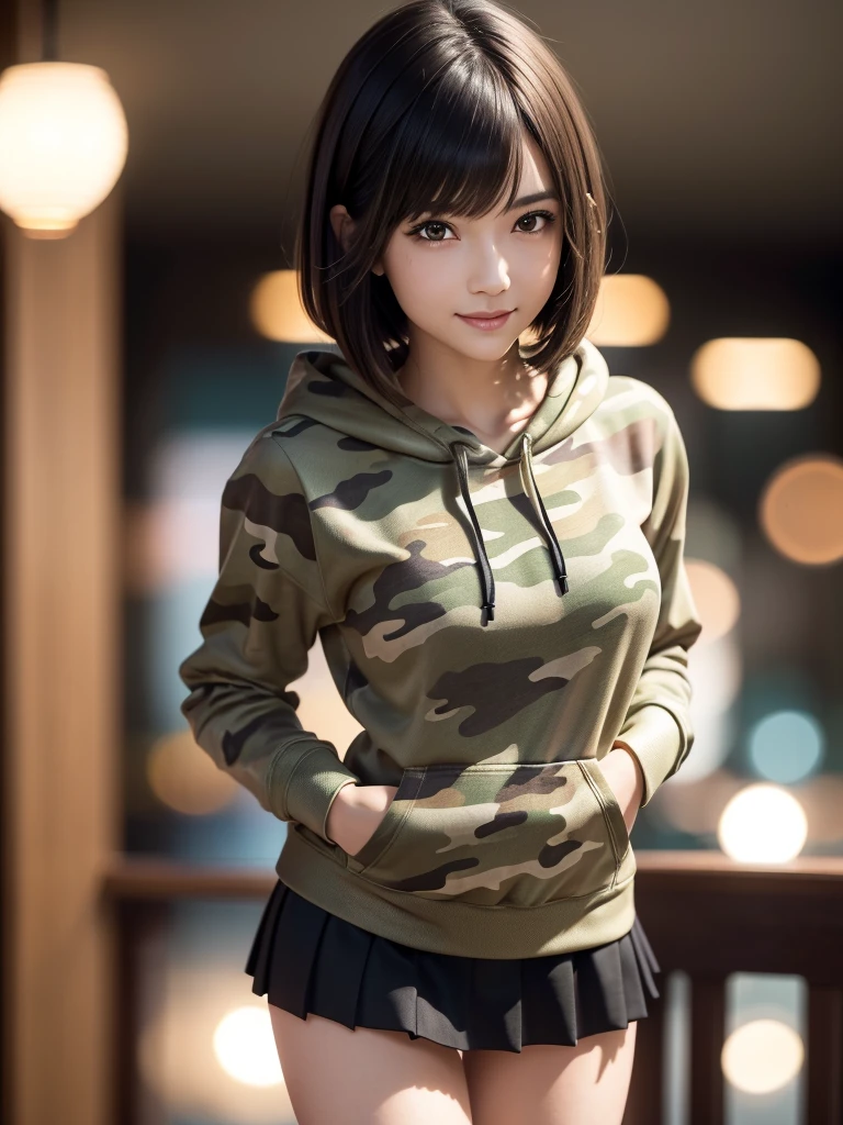 (8k, RAW Photos, highest quality, Tabletop:1.2), (Realistic, Photorealistic:1.4), (Highly detailed 8k wallpaper), Sharp focus, Depth of written boundary, Blur the background, Bokeh, Cinema Lighting, Soft Light, (whole body), 1 girl,18 years old famous Japanese idol, Perfect female body, indoor, (Camouflage hoodie and black micro mini pleated skirt : 1.3), (Long, slender legs), (smile), Glossy lips, Beautiful fine details,Natural Makeup, Shiny and smooth light brown short bob hair, Asymmetrical bangs, Shiny skin, Center image, High resolution, Attention to detail, Detailed hairstyle, Detailed face, 素晴らしいCinema Lighting, Octane Rendering, Vibrant, Ultra-realistic, Perfect limbs, Perfect Anatomy