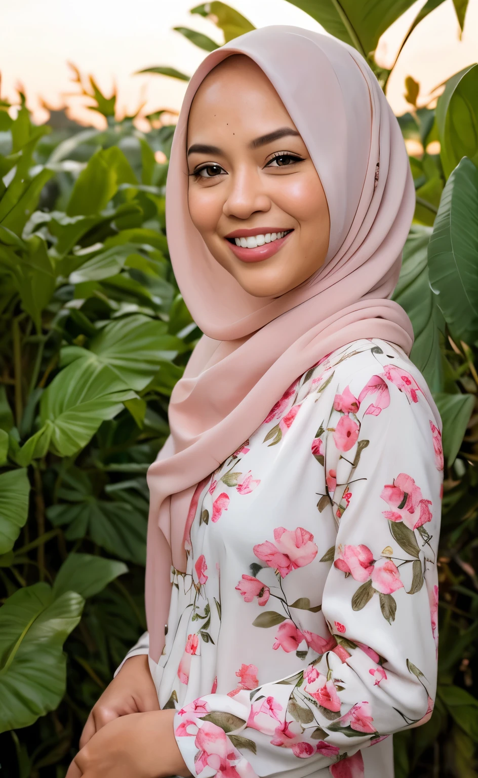 Masterpiece:1.2, high quality, best quality, high resolution, detailed, hyper realistic, 1 malay girl, wear baju kurung, bright short white hair, Shaggy Bob Haircut with Bangs, brown eyes, head tilt, sunset, birds flying, strawberry plant, Portrait, smile, showing teeth,  (detailed face), ((sharp focus)), ((face)), upper body, mid shot portrait,