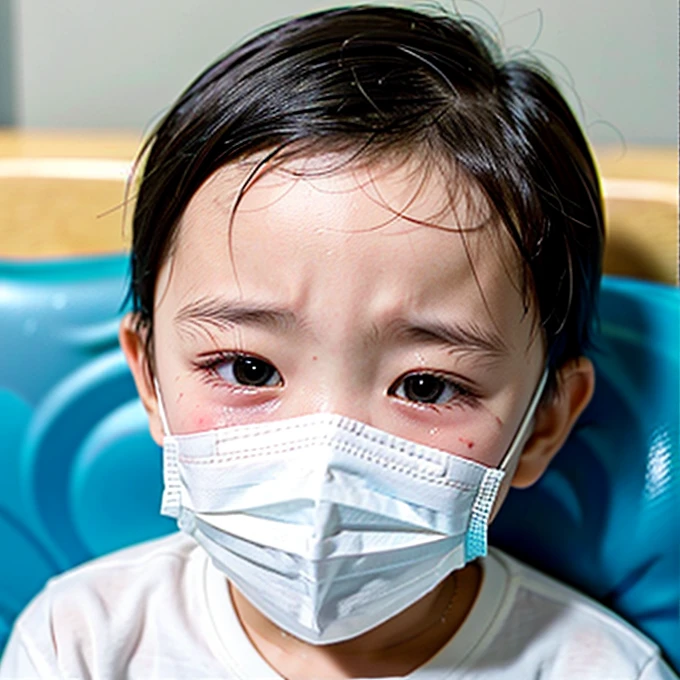 Handsome kindergarten boy with infectious disease、Appearance of suffering. He is wearing a white mask. He has a high fever. he is sleeping. He has a cough. He is exhausted. He is taking his temperature with a thermometer. He is dying. He is cooling his forehead with a cooling gel sheet..Are crying