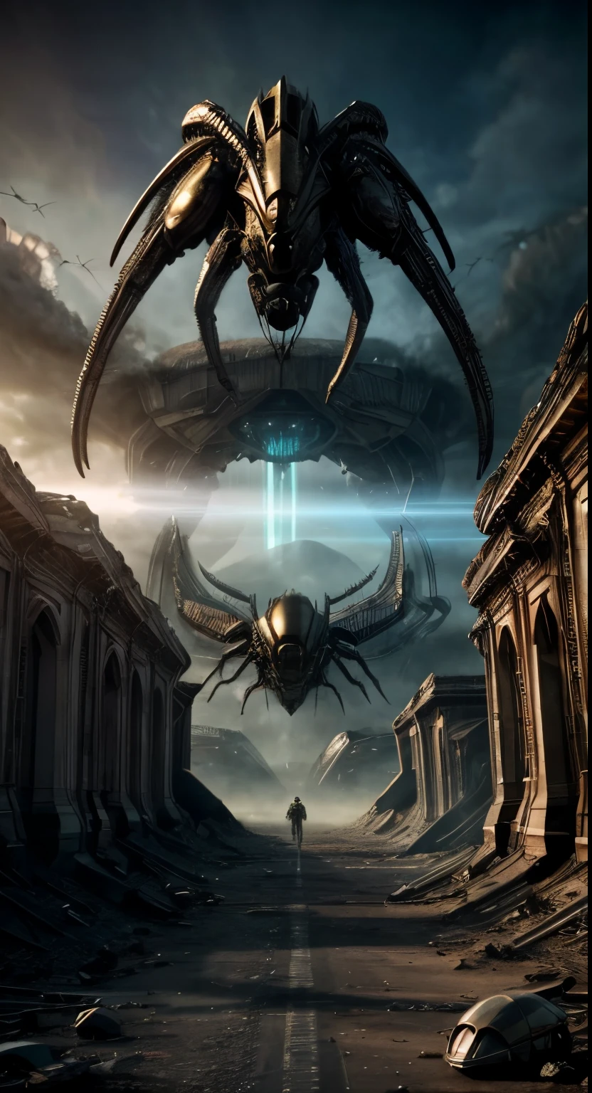 masterpiece, best quality, intricate detail, complex scenery, thrilling, dramatic action, 8k, hdr, "Creepy and intense alien invasion scene with sunny daylight and clear azure blue sky atmosphere, dramatic bright lighting, and intense action. Show powerful extraterrestrial creatures, advanced technology, destroyed cityscape, panicked civilians, and a sense of imminent danger. Generate an unsettling and immersive image that captures the chaos, cruelty, devastation and terror of an otherworldly huge alien insectoid monster invasion, they look and act like devils and demons from outer space", groups of anxious people in panic trying to escape from extinction, ultra complex highly dramatic scenery with intricare details, ultra fine render textures.
