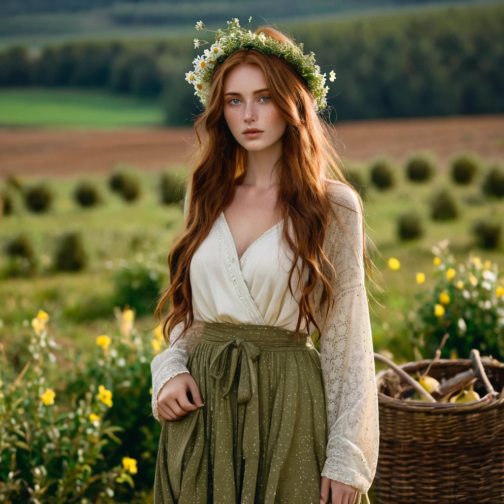 Luma is a elegant person, she is beautiful And have a strong posture, she has breasts that have a voluminous proportion, a pear feminine silhouette, Auburn hair, long Auburn hair, She has expressive eyes, ( Only eyes olive green) Her skin is fair and she has some light freckles on her cheek bones, busty, Farm, Brown rustic clothes, boho clothes, farm boho fashion clothes, romantic vibes, fire lights, fire sparkles, flowers clothes the hair to be half straight and half with curled ends
