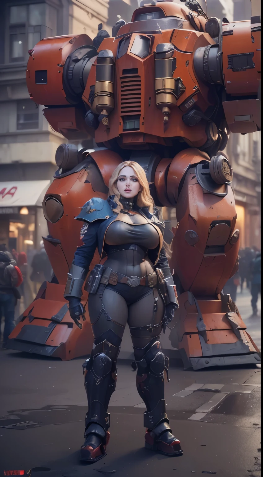 (The main subject: Wide-angle lens), salama,Singer Madonna as Marine Astartes, (Show on the(humongous large breast)Power mech) colours: red colour, (warhammer40k),Realistic metal mech,Standing in the street.(Best quality,4K,8K,A high resolution,Masterpiece:1.2),(Realistic,Photorealistic,photo-realistic:1.37)