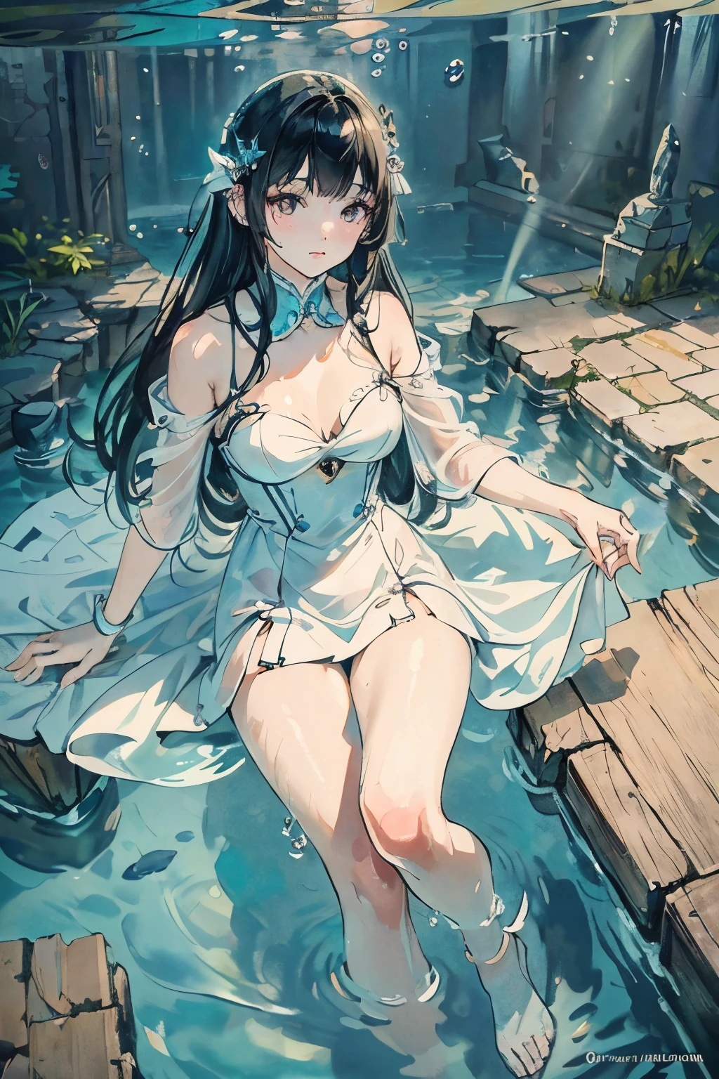 masterpiece, best quality, ultra-detailed, glistening shiny, glowing light, ray tracing, HDR, (perfect face, detailed face, detailed eyes), 8k,HD,ultra realistic face, ray tracing, perfect lighting, best quality, ultra-detailed, High resolution, 1girl, Full body, Description Girls, detail hands, Detail fingers, Detail Face, cute face, detail legs, overdetailed art, Fine details, ((underwater)), ((ruin)), hime cut, black hair, long hair, black eyes, white mermaid line dress, ((swiming))