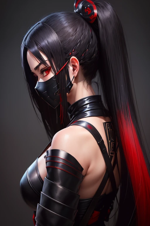 ((best quality)), ((masterpiece)), (detailed), Female shinobi looking back, shot from behind, masked, visible long black hair, with katana, dark padded outfit with leather and metallic accessories, black and red, dark tones, muted colors, high contrast, hyperrealism, black backdrop, minimal lighting