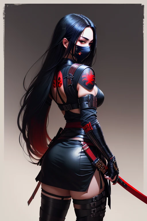 ((best quality)), ((masterpiece)), (detailed), Female shinobi looking back, shot from behind, masked, visible long black hair, with katana, dark padded outfit with leather and metallic accessories, black and red, dark tones, muted colors, high contrast, hyperrealism, black backdrop, minimal lighting