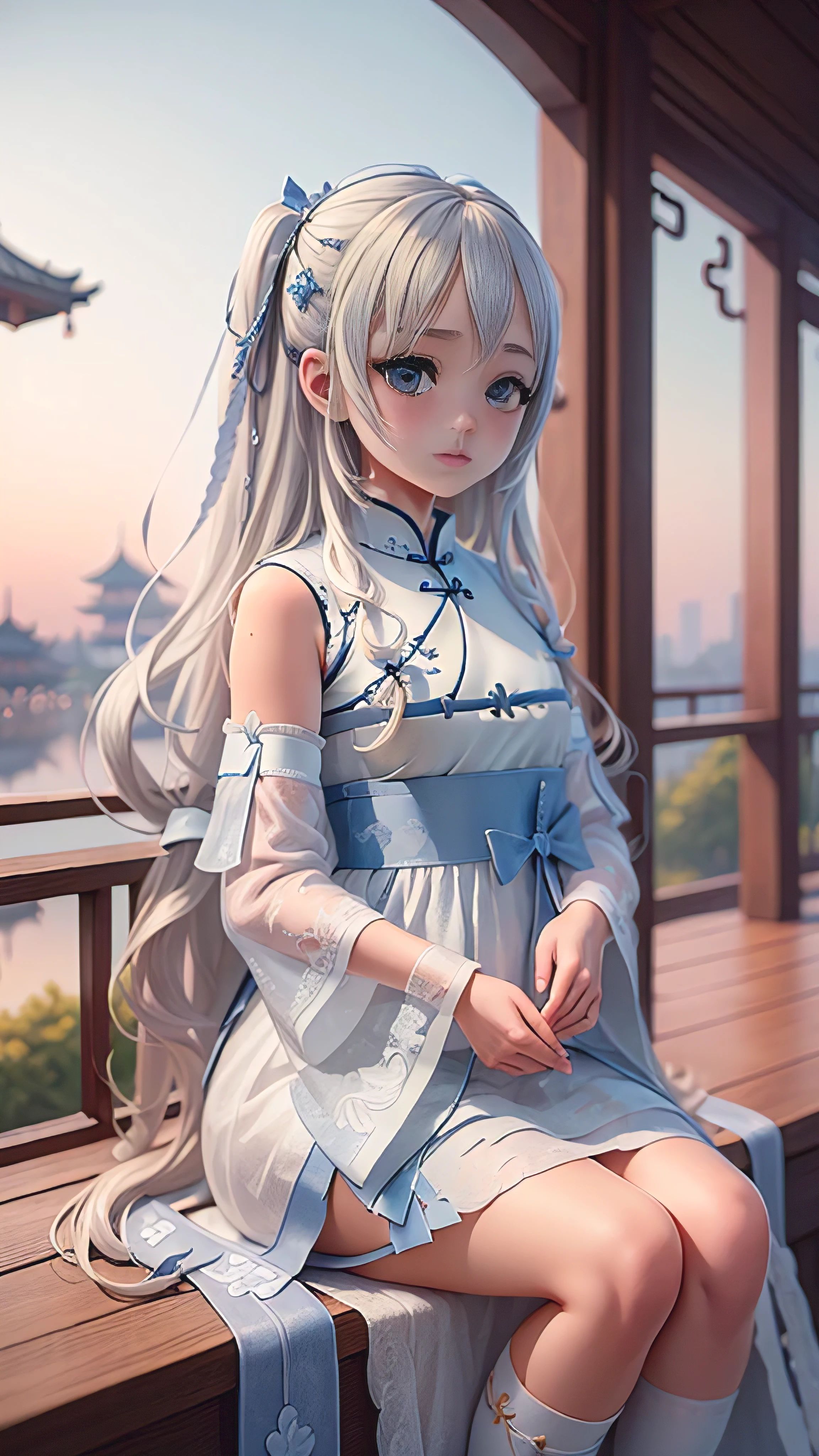 ((best quality)), ((masterpiece)), ((Extremely detailed)), (illustration), (Detailed lighting), (Extremely delicate and beautiful),Charming young girl,Long white hair,Blue sky,(Chinese Garden)