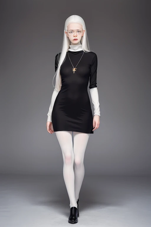 ((full body:1.4)),Cute 18 yo (albino:1.4)woman of Slavic descent.(short:1.1), , long white hair, gray eyes, ((very pale:1.4)). Innocent look. Gentle spirit.(virgin), Eyeglasses, (black turtleneck dress), necklace, (black pantyhose), black Mary Janes with straps.(joy)