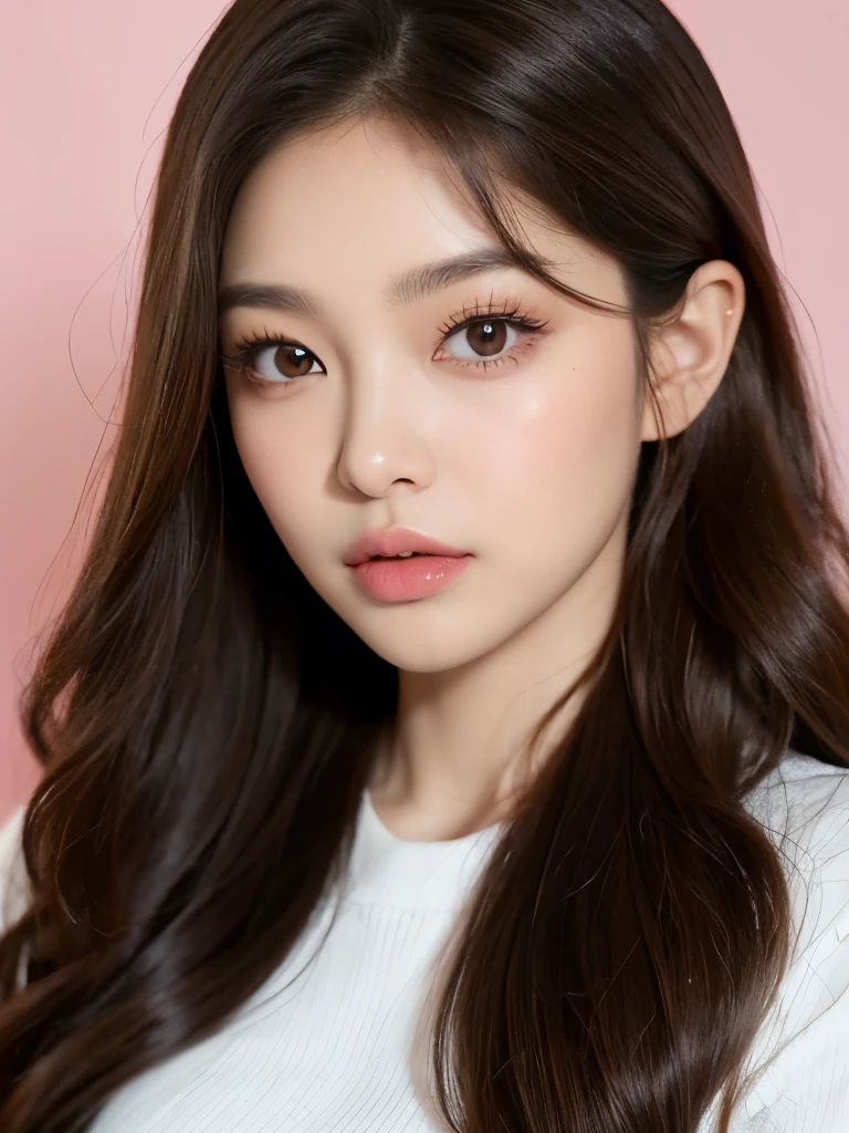 Kim Jennie with dark brown hair, con el cabello trenzado, with little curlers in her hair, with light brown eyes, ojos bonitos, with long and beautiful eyelashes, cejas perfectas, thick heart shaped lips with cupid&#39;s bow, crimson lips, piel bonita, piel blanca y palida,con tonos rosas, with a natural blush and soft crimson color, con un maquillaje ligero, con pecas y lunares en sus mejillas, nariz respingada y bonita, button nose, nariz bonita, mientras esta tomando una coca-cola, (pechos grandes, pechos bonitos, pechos suaves, escode desnudo), while sitting in an armchair, mirando a la camara, foto bonita, selfie