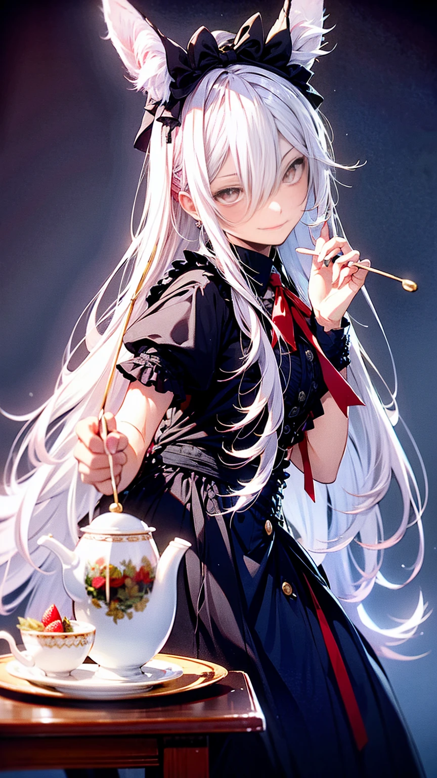 (Masterpiece, best quality), (ultra high resolution, 8K RAW photo, photo realistics:1.5, textile shading, thin outline), Beautuful Matured woman preparing tea-party in the garden, (tea set, tea pot, tea cups, some cakes on dish), Gothic table, wearing traditional dark-brown maid uniform, maid costume:1.2, long flare skirts, apron, Tall and long legs, long white hair, wearing rimless grasses, (milf:1.5, 28 years old, solo), ( narrow waist), (long white hair, hair over one eye, updo, side lock, asymmetric hair, wavy hair), (bright pupils, detailed eyes, high detailed face, Perfect face shape, eye rush), (seductitve smiling, half-closing eyes), (looking at viewers:1.3), (dynamic angle, tighs focus, from side below:1.2), ((correct anatomy:1.5, correct hands)), (ideal ratio of body proportions), outdoor, glass garden, 