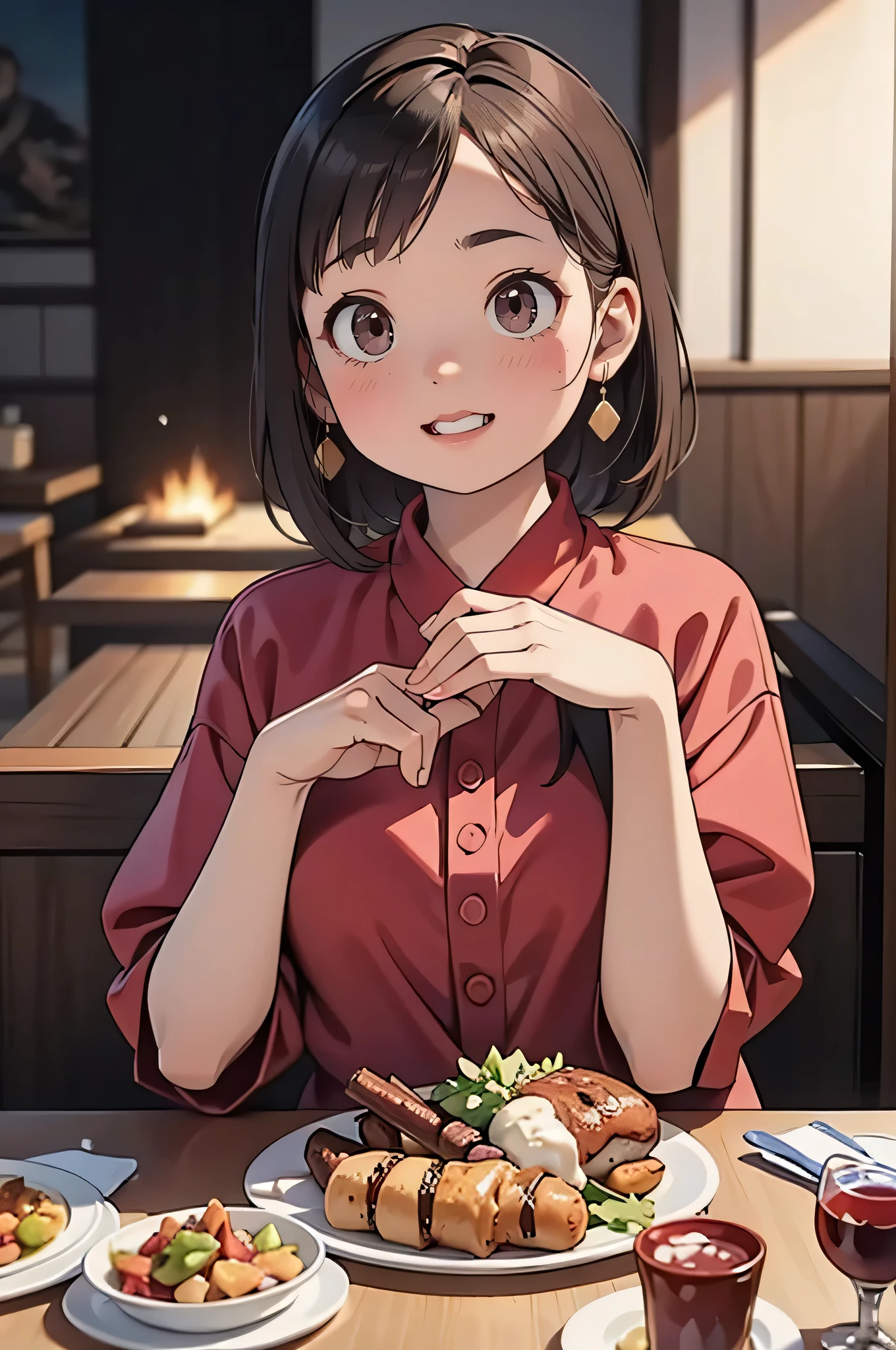 (highest quality,4K,8k,High resolution,masterpiece:1.2),Super detailed,(Realistic,photoRealistic,photo-Realistic:1.37), Savage woman, Eat yakitori with enthusiasm, Savor the flavor, With a satisfied smile. She is enjoying a meal and drinking red wine.. On her plate、A mountain of appetizing food. The atmosphere is lively、The lighting is warm and inviting.