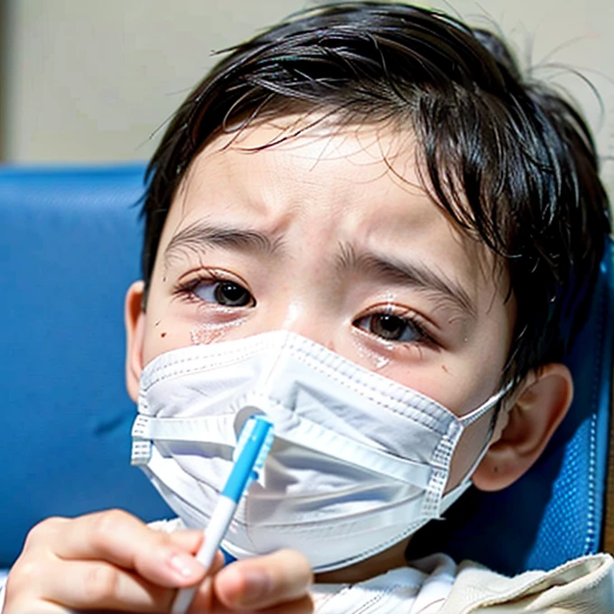Handsome kindergarten boy with infectious disease、Appearance of suffering. He is wearing a white mask. He has a high fever. he is sleeping. He has a cough. He is exhausted. He is taking his temperature with a thermometer. He is dying. He is cooling his forehead with a cooling gel sheet..Are crying