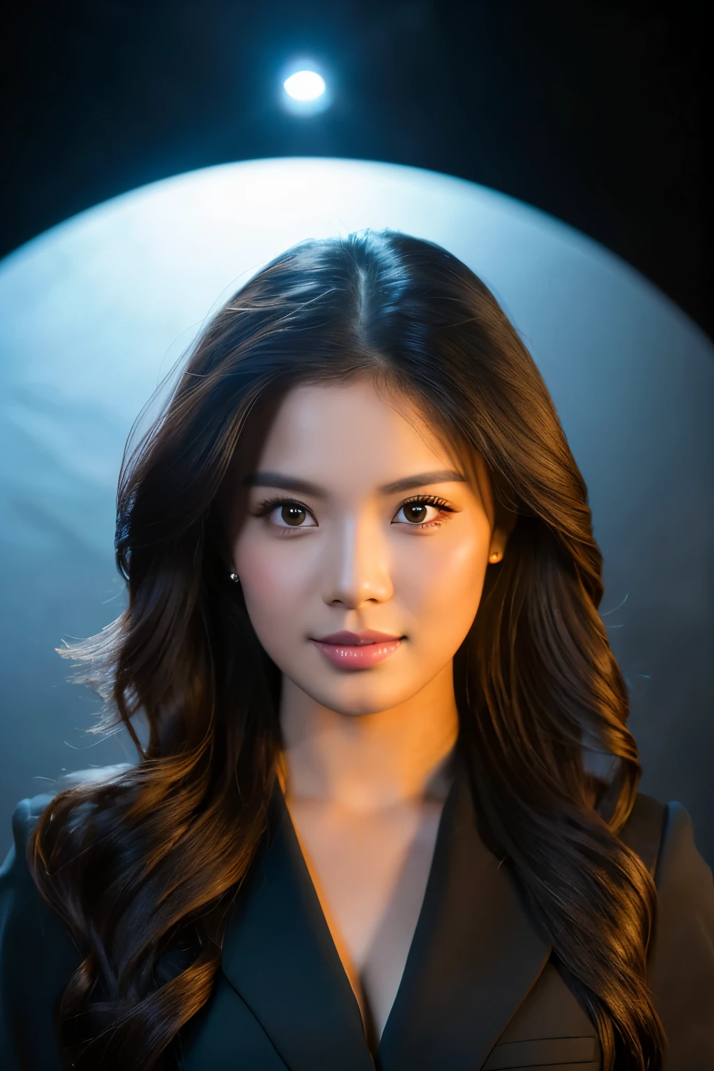 (highest quality,High resolution,Super detailed,Realistic:1.37),Medium Shot, Professional,Portraiture, 灰色のStudio Background, Sharp focus,Physically Based Rendering,Handsome Asian, have confidence,Business woman in her 20s, Vietnamese women,bright expressive eyes,, Long Wavy Hair,Sophisticated suit,Tough but friendly,subtle blur. 50mm lens, Medium Shot, Dark Background, Cinema Lighting. Studio Background.