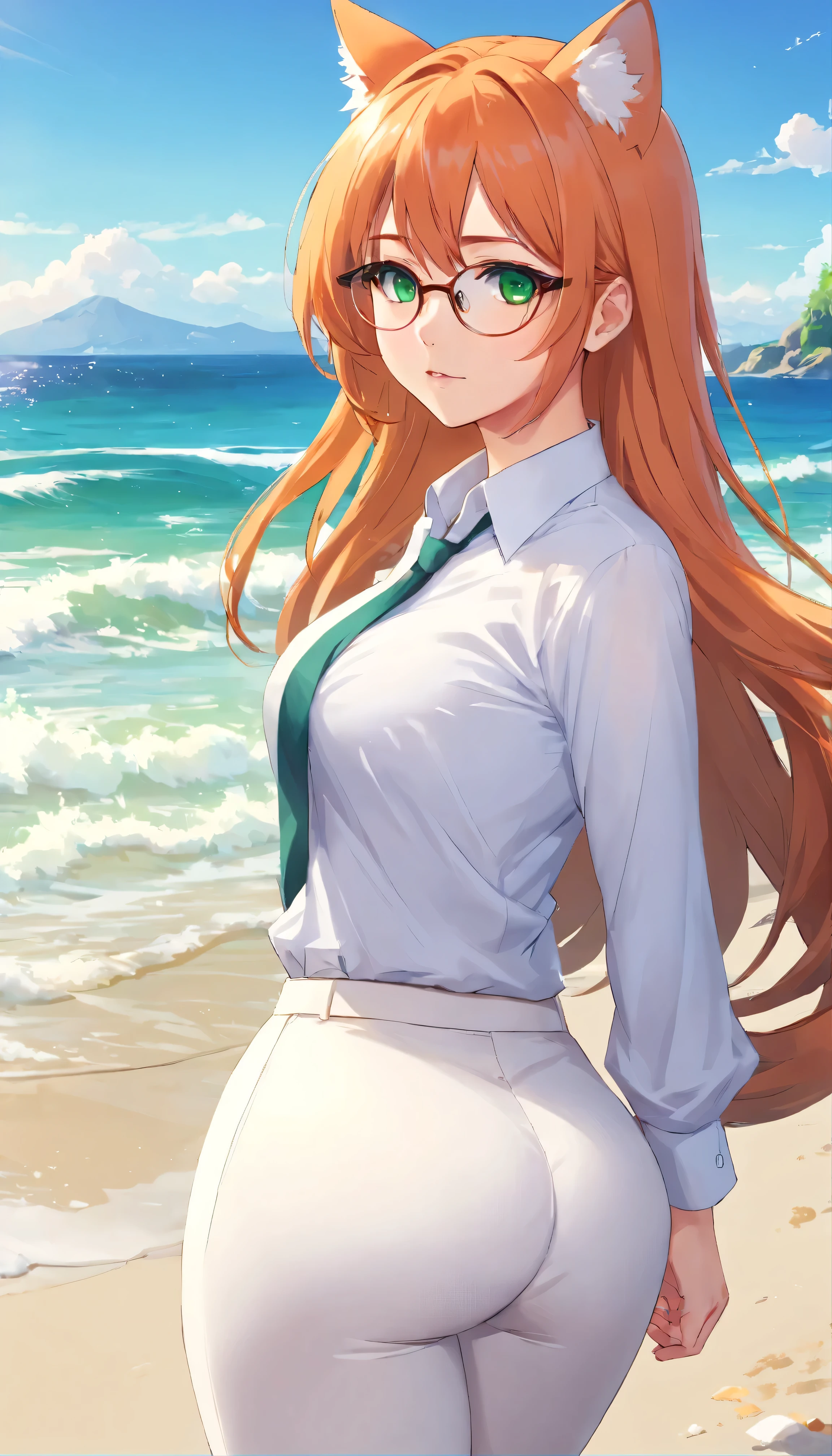 (masterpiece, Best quality), 8K, ultra detailed, realistic photo, Detailed face, perfect lighting, green eyes, bright orange hair, bright hair, fox ears, nice legs, side photo, beautiful, Cute, skin pores, 1 girl, perfect shirt, fully dressed, beautiful women 30 years old, Beautiful proportions, Russian woman, Caucasian, European, Business lady, stunningly beautiful woman, mother, thick legs, show ass, big breasts, (Thin white shirt:1.4), thick, hot, (White Office Wear:1.4), tight pants, (wide hips:1.2), thick, (white Office pants:1.3), spread your legs, Legs open, full length, wide hips, Glasses, with long orange hair, standing on the beach near the ocean, green eyes detailed digital anime art, cat ear, anime girl with long hair, гладкое аниме cg art, anime girl with long hair, digital anime art, work in Guweiz style, Beautiful anime portrait, Photorealistic render of an anime girl, pantyhose, Beautiful anime girl, advanced digital anime art, guweiz на artstation pixiv HD UHD HQ