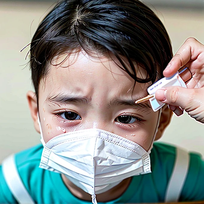 Handsome kindergarten boy with infectious disease、Appearance of suffering. He is wearing a white mask. He has a high fever. he is sleeping. He has a cough. He is exhausted. He is taking his temperature with a thermometer. He is dying. He is cooling his forehead with a cooling gel sheet..Are crying