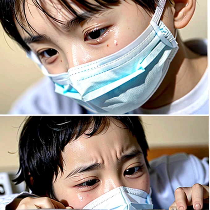 Handsome kindergarten boy with infectious disease、Appearance of suffering. He is wearing a white mask. He has a high fever. he is sleeping. He has a cough. He is exhausted. He is taking his temperature with a thermometer. He is dying. He is cooling his forehead with a cooling gel sheet..Are crying