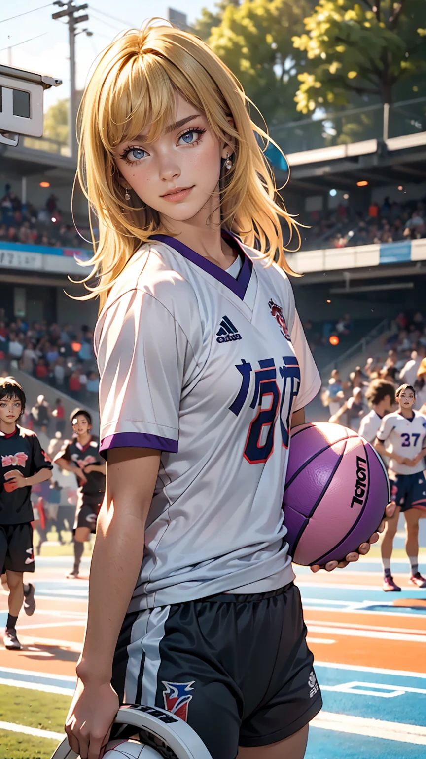 masterpiece, highest quality, One girl, alone, Teen, Quarter Japanese, Blonde, Long Hair, Purple eyes, Side-parted bangs, Short bangs, smile, Medium chest, Play sports often, Bloomers, Outdoor, Athletics, Conceit