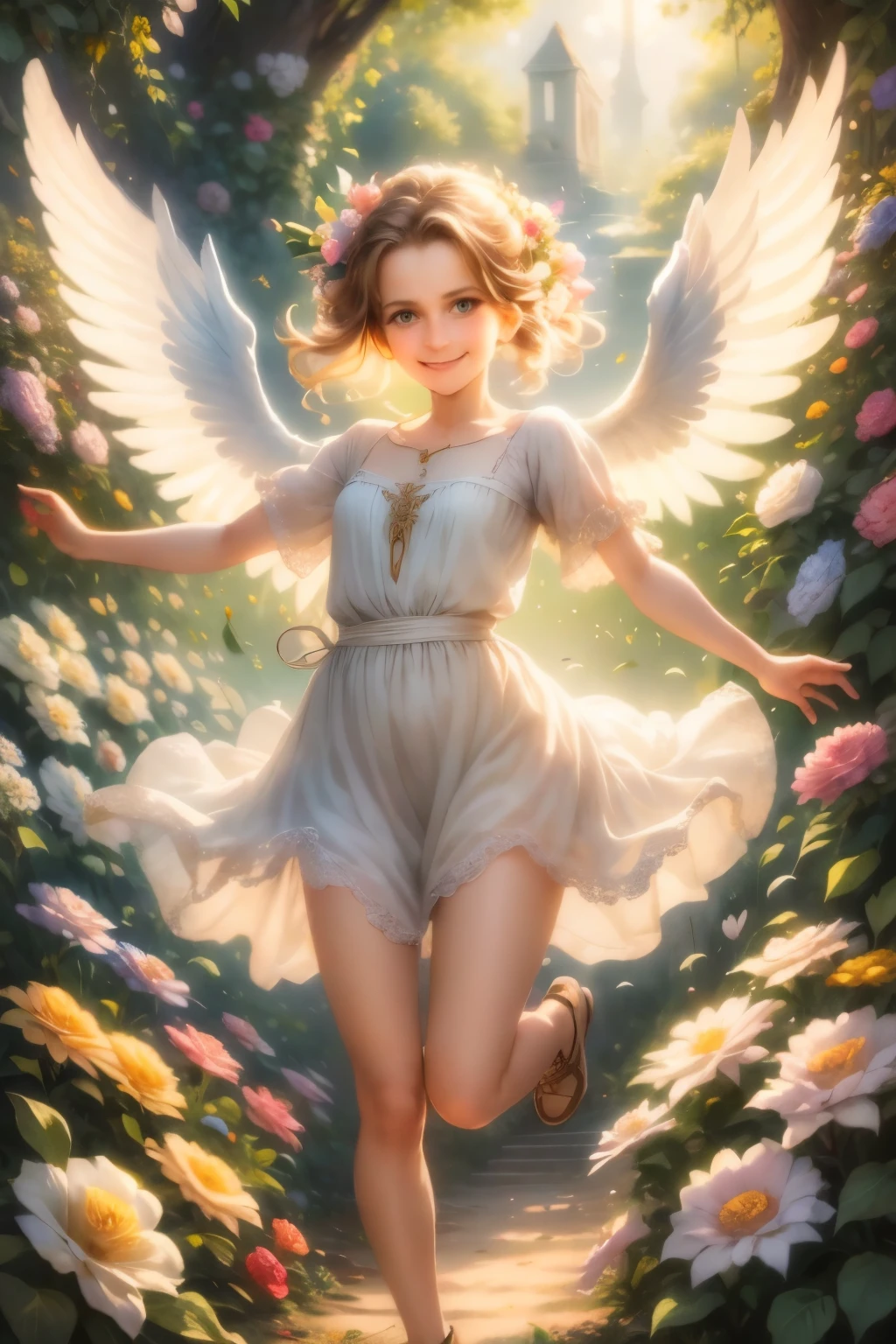 angel art, everyone jumps, smiles, joy, heaven, love, flower garden, happiness, light, lassen