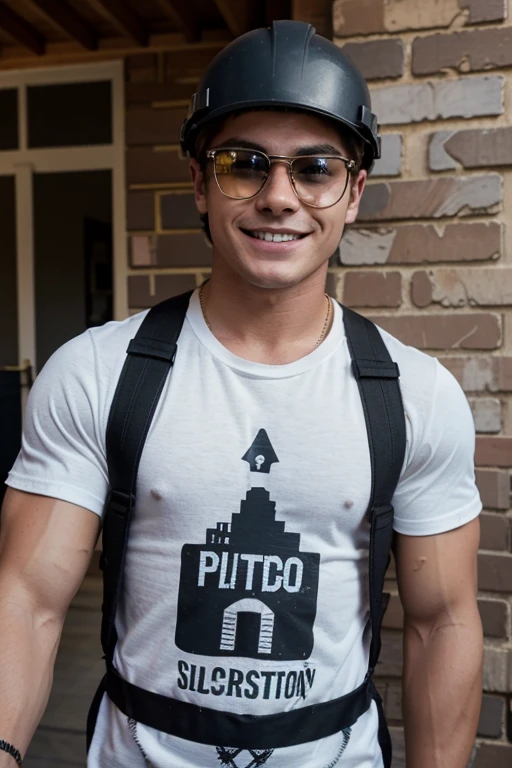 Zack Efron, amateur selfie dressed as a construction bricklayer, cielo nublado, ultra realista, con camisa de cuadros, pecho, playera negra, sonriendo, ropa sucia, con chaleco de seguridad, lentes negros, con casco, arriba de una casa de madera 