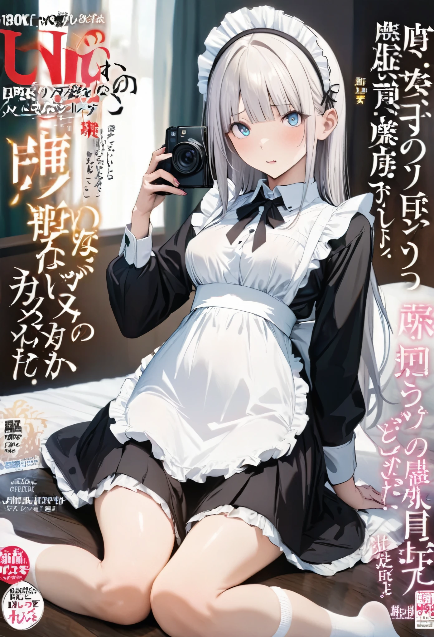 Magazine cover(masterpiece, best quality:1.2),Maid,(((The eyes are delicate)))Take photos of your work, ((Maid衣服))Socks,(8K)(HD)