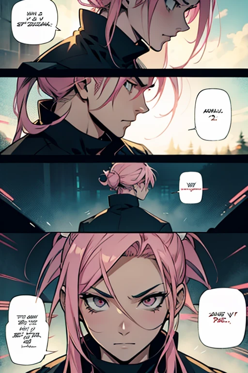 Anime thats evil with pink hair, manga page with panels and dialogue