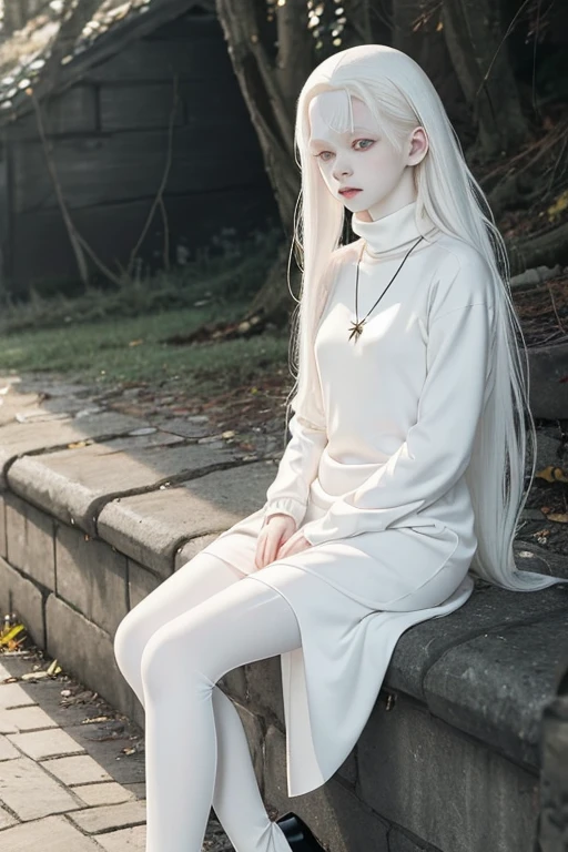 Cute 18 yo (albino:1.4)woman of Slavic descent.(short:1.1), , long white hair, gray eyes, ((very pale:1.4)). Innocent look. Gentle spirit.(virgin), Eyeglasses, (black turtleneck dress), necklace, (black pantyhose), black Mary Janes with straps.(joy)