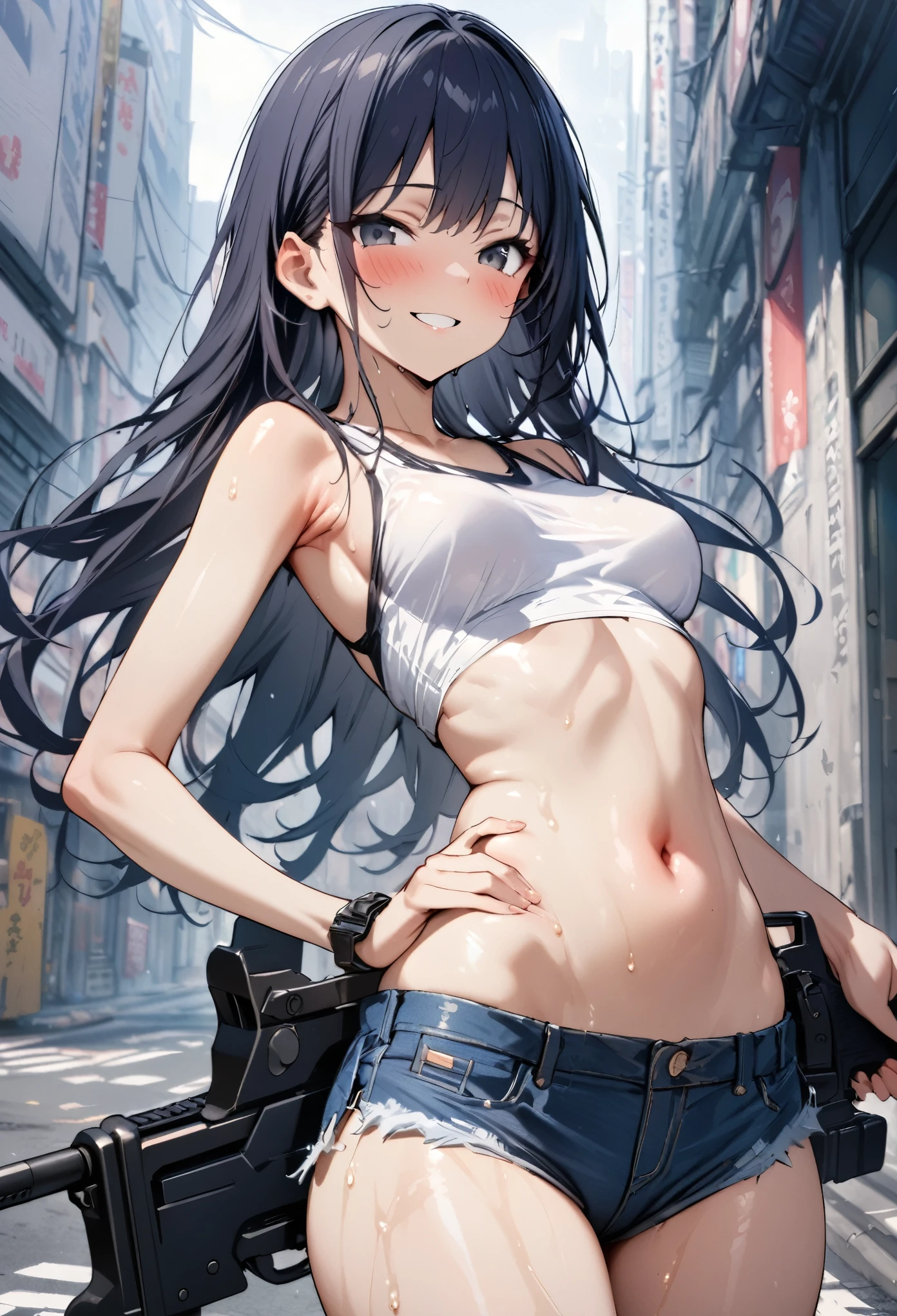 ((masterpiece, highest quality:1.3)),cowboy shot,20 year old beauty,solo,((very small head)),long body,dark blue hair,long hair,black eyes,bangs,medium breasts,,slender body,skinny,shiny skin,oily skin,smile,blush,smile,White tight tank top、Crop length、navel、Denim micro mini shorts、gunbelt,equipped with automatic rifle、on street、Ruined Tokyo、End of the World、
