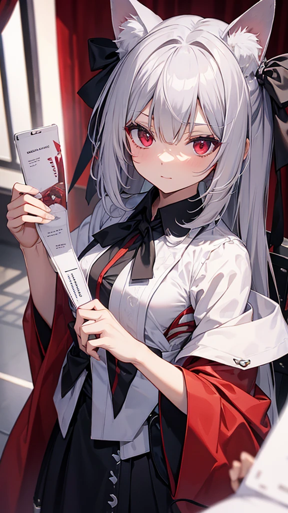 Highest quality　I have long hair　Gray Hair　Konpaku Youmu　Red eyes　I don't have anything　vampire　Odd Eye　kind　Miko costume　Cat ear　modern style　Embarrassed