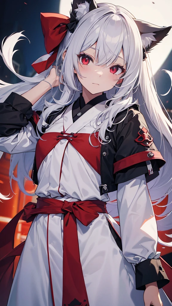 Highest quality I have long hair Gray Hair Konpaku Youmu Red eyes I don't have anything vampire Odd Eye kind Miko costume Cat ear modern style Embarrassed