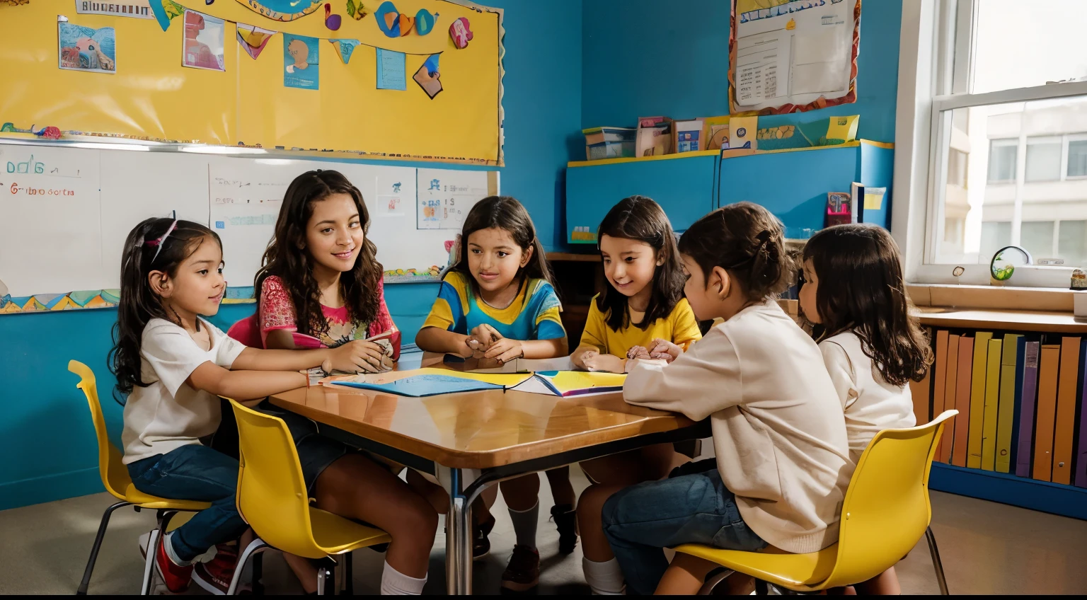 In a brightly lit classroom, a diverse group of young children sits attentively on colorful cushions, listening to a teacher reading from a book. The teacher, a young woman with curly hair, is seated on a yellow beanbag chair, wearing casual jeans and a white top. The children, wearing various colorful outfits, are engaged and focused on the story. The classroom walls are decorated with cheerful educational posters featuring numbers and the alphabet. The scene exudes a warm and educational atmosphere, capturing the interaction between the teacher and the students. The image should be rendered in a highly photorealistic style, 4k resolution, in landscape orientation with a 16:9 aspect ratio
