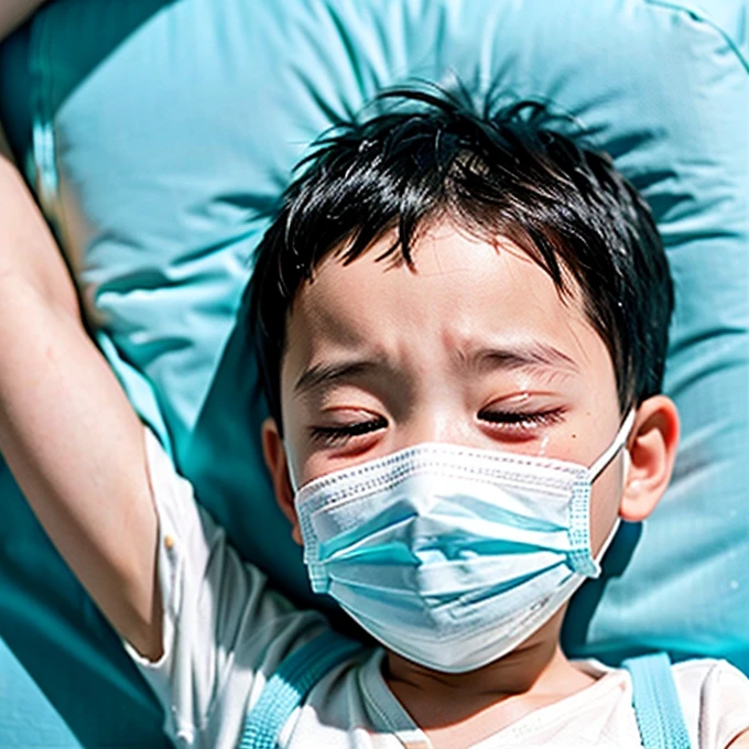 Handsome kindergarten boy with infectious disease、Appearance of suffering. He is wearing a white mask. He has a high fever. he is sleeping. He has a cough. He is exhausted. He is taking his temperature with a thermometer. He is dying. He is cooling his forehead with a cooling gel sheet..Are crying
