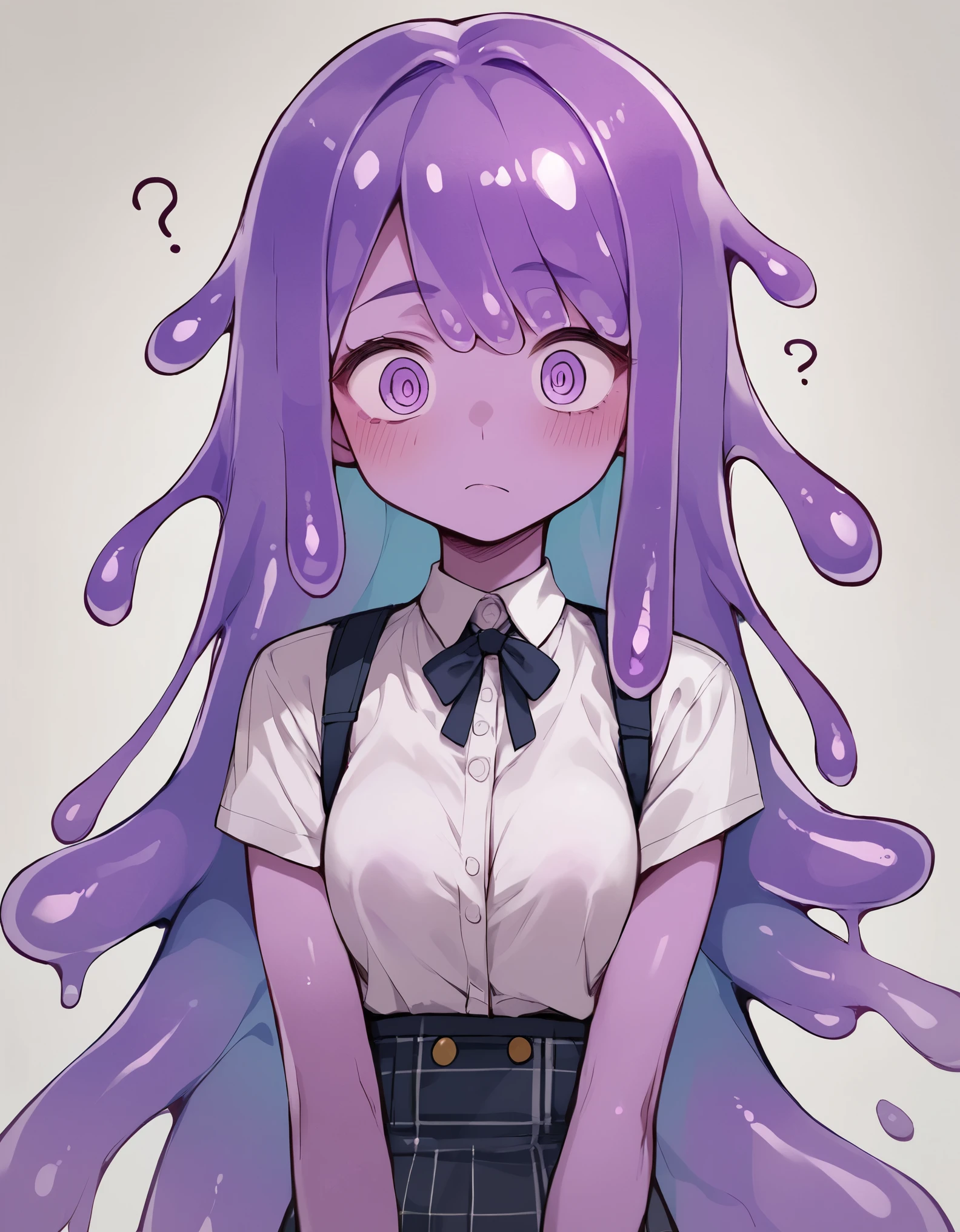 slime girl, monster girl, purple skin, @ @, confused, poking score_9, score_8_up, score_7_up, score_6_up, score_5_up, score_4_up, source anime, transparent body, slime \(substance\),