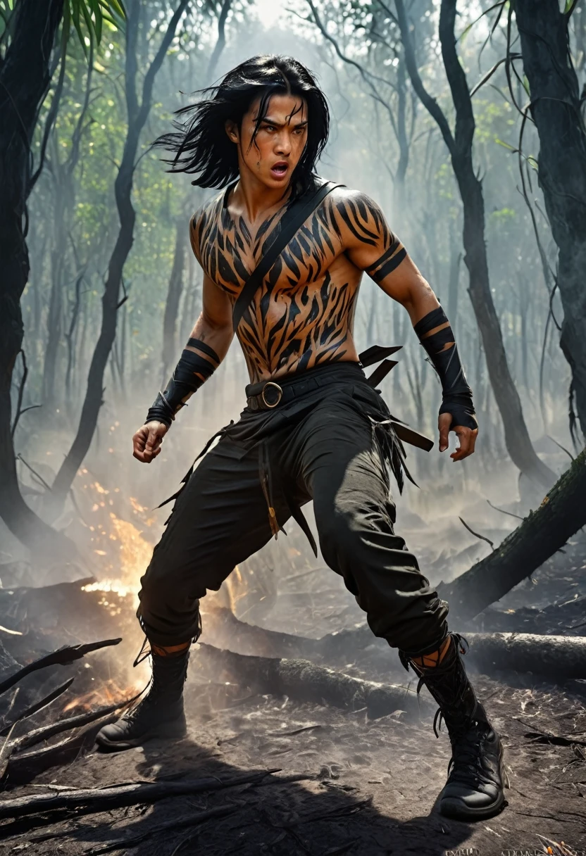 (masterpiece) young jungle warrior, run dodging, bark_skin short pants, short dagger in hand, wrath expression, long black hair, forest fire scene, epic realism, hyper detailed, UHD,