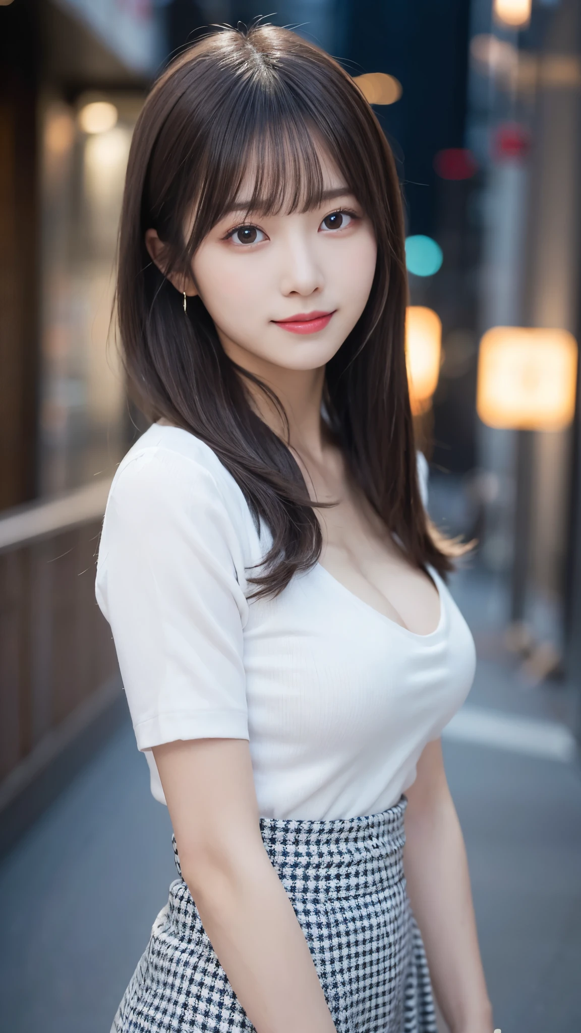 Beautiful Japanese Woman, Soft skin and a nice perfect face, A small face with a nose and rosy lips, Beautiful Eyes, Beautiful smile. black, Surrounded by a bright, ethereal glow、Thin, long, beautiful hair. A loose, medium hairstyle with gradation highlights and grey layers, Navy band collar shirt x yellow houndstooth flare skirt, Bright neon colorful background, Hyperrealistic female photos, High quality high resolution 8K masterpiece,Big Breasts,Cleavage,View Viewer