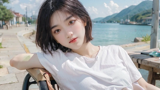 (Masterpiece,Highest quality),(Maximum details),(hand details),(sticker design sheet),woman,10 years old,short hair,black hair,Cute face,3D, Dimensional.,3D image,brown eyes,Wear a white short-sleeved shirt,Wear purple pants,action,Eat fried eggs,นั่งอยู่บนchair,decorate,table,chair,backdrop,park,spoon in hand,smooth chest,