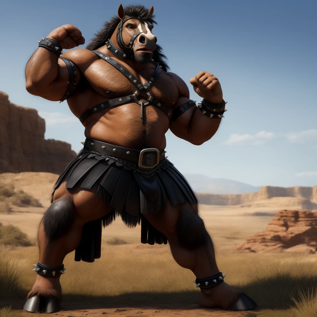 Furry, Antro, anthropomorphic, Solo, Horse, Equinene, loong horse tail, (furry Yellow Ocre), tribal tattoo arm, Male Bulge, Nose Ring, Conk, Ring Noise, Narigon, Noise Piercong, Piercing noise, Big Balls, Big Ass, Wearing a Black Leather Harness, Arnes ?????, Black bicep leather bracelet, Leather Buckle Armband, Gladiator Clothing, Leather fringe skirt, black leather warrior skirt, thread thong, Black Belt, Spiked Collar, Spiked Wristbands, (Leather Bicep Arm Strap), man pendant, Spiked Anklet, Hooves, Hairy, Full Body, Braided Mane, Hairy Torso, Seen Standing, Upright Standing Pose, Blue Pupil Eyes, High Resolution, 4K Detailed, Good Lighting, Beautiful, Blue Sky Background with Green Grass Meadow, black hair, photorealistic, Furry, Gladiator, Roman