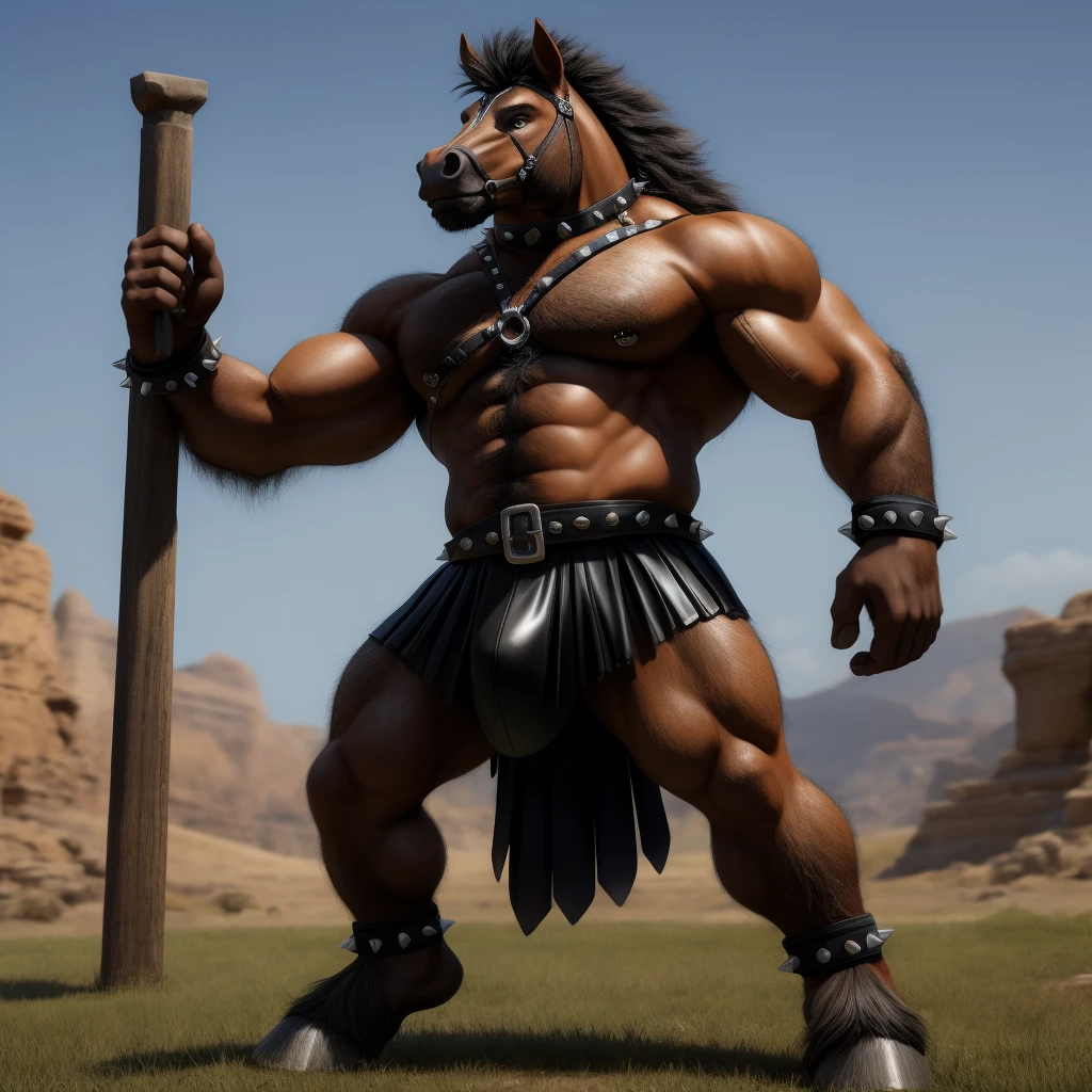 Furry, Antro, anthropomorphic, Solo, Horse, Equinene, loong horse tail, (furry Yellow Ocre), tribal tattoo arm, Male Bulge, Nose Ring, Conk, Ring Noise, Narigon, Noise Piercong, Piercing noise, Big Balls, Big Ass, Wearing a Black Leather Harness, Arnes Negro, Black bicep leather bracelet, Leather Buckle Armband, Gladiator Clothing, Leather fringe skirt, black leather warrior skirt, thread thong, Black Belt, Spiked Collar, Spiked Wristbands, (Leather Bicep Arm Strap), man pendant, Spiked Anklet, Hooves, Hairy, Full Body, Braided Mane, Hairy Torso, Seen Standing, Upright Standing Pose, Blue Pupil Eyes, High Resolution, 4K Detailed, Good Lighting, Beautiful, Blue Sky Background with Green Grass Meadow, black hair, photorealistic, Furry, Gladiator, Roman