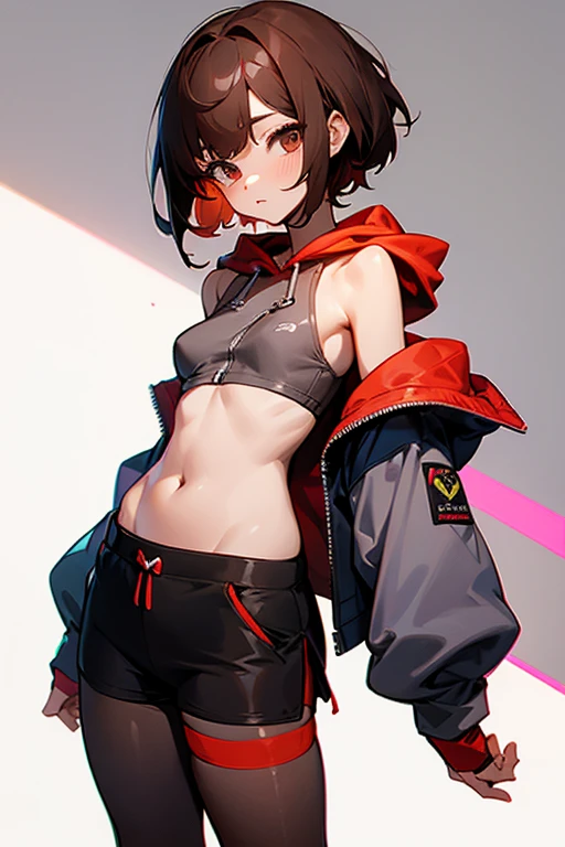 Cute girl 、Grey-based design、Grey clotheonotone fashion、Belly button、Shoulder、slender、黒いTight clothing、Pixie Cut、Sporty、Grown-up、24-years-old、Red-brown hair、Oversized Shorts、Oversized hoodie、Translucent tightesh tights、Off-the-shoulder hoodie、See-through design、Short skirt、
