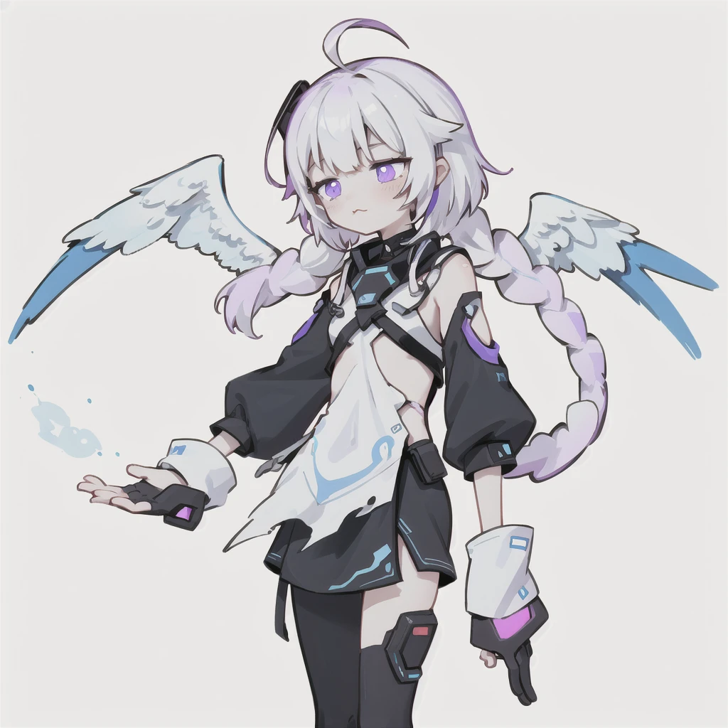 Little,:3,whole body,Ahoge,Incruscorpio,long body,Sundress, 、The girl has milky white hair with purple inner color, twin long braids, and black clothes in a cyberpunk style.、The man has milky white short hair and a cyberpunk look in white and light blue.、 (Sleeves are longer than the wrist:1.2), (Sleeves are longer than your fingers:1.2),Long sleeve, (Angel Wings:1.2),Angel Wings, Hello, 
 Simple Background, White Background,