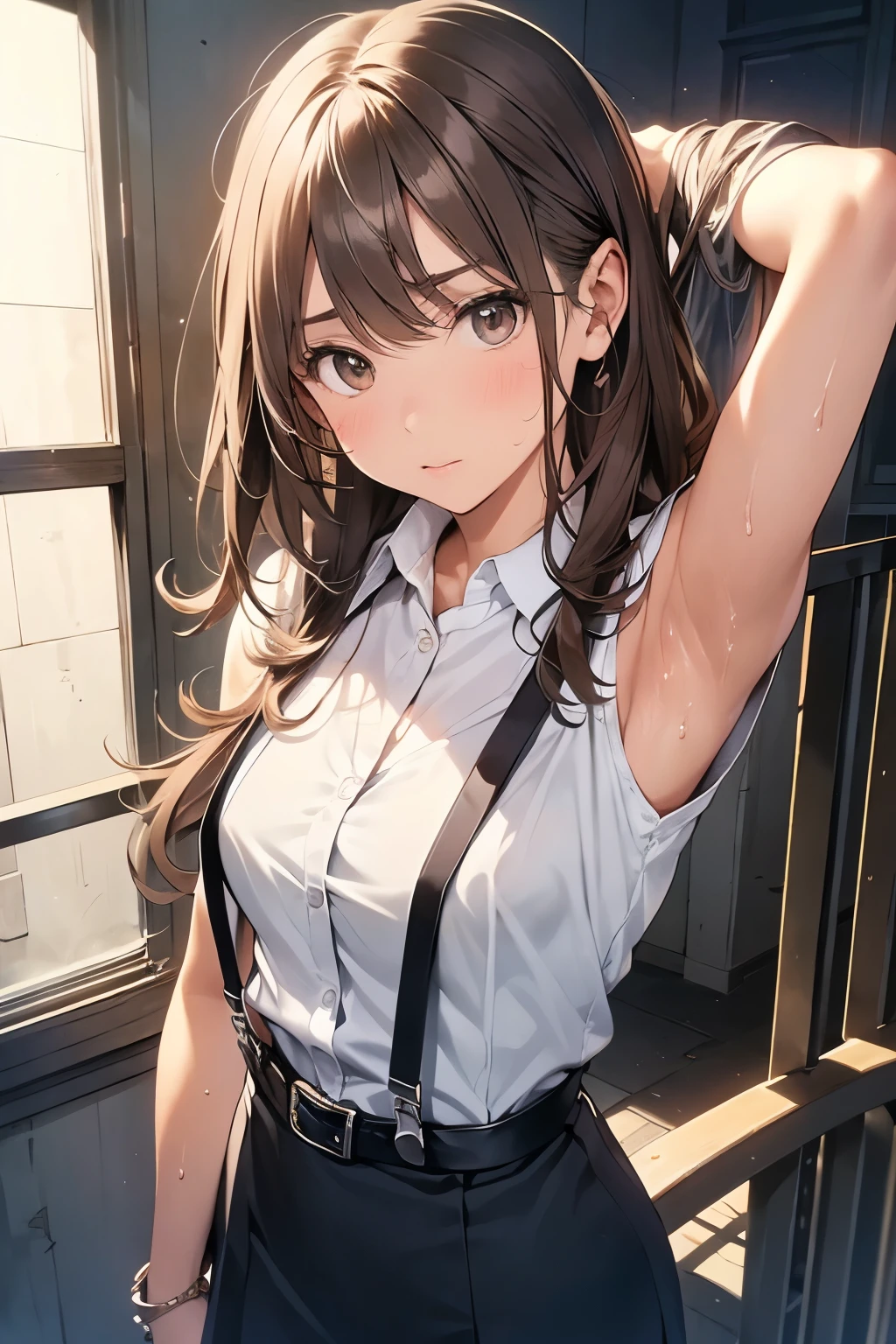 masterpiece, best quality,anime style, 1 girl,(((slender body))), (((small breast))),(((hot pants, white tanktop,red tie))), ((((restrained, arms behind back)))),((((cum)))), (beautiful face), (((medium hair))), (((messy hair))), ((((brown hair)))),detailed beautiful skin, (perfect hands, perfect anatomy)