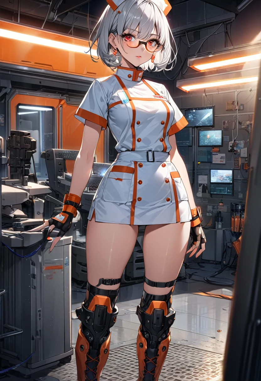 masterpiece、highest quality、Ultra-high resolution、Maximum resolution、Very detailed、Professional Lighting、anime、Adult female、thin、so beautiful、、Nurse uniform、Has a submachine gun、Red Eye、Silver Hair、Short Hair、Earrings、Fingerless Gloves、Beautiful eyes、Gloss Lip、Tactical Boots、Equipped with transparent orange shooting glasses、Are standing