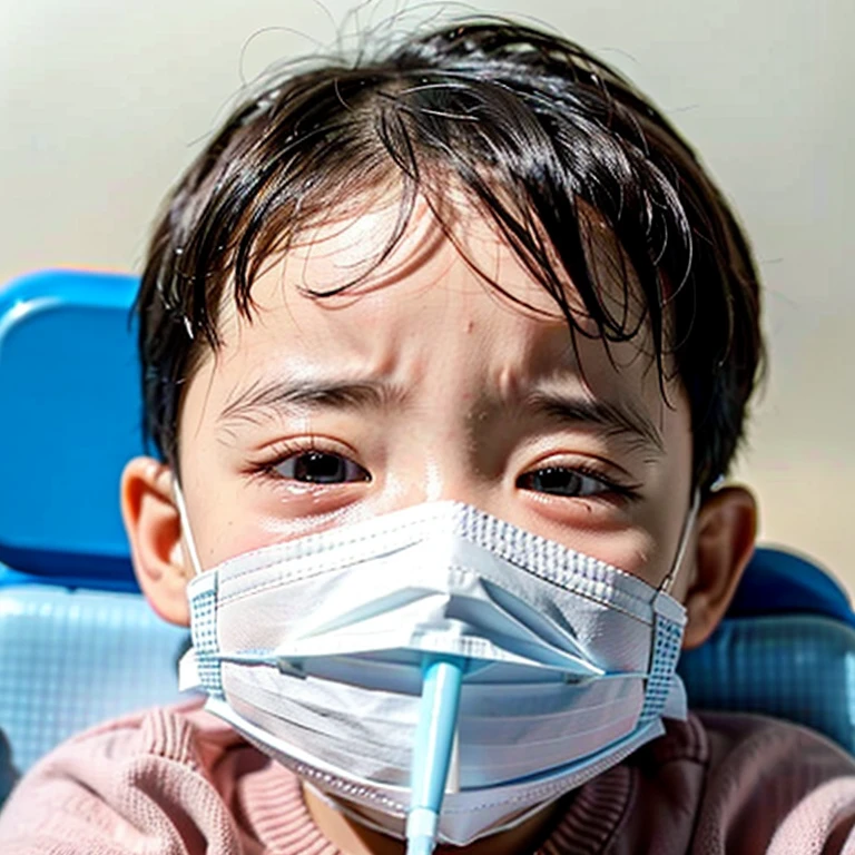 Handsome  with infectious disease、Appearance of suffering. He is wearing a white mask. He has a high fever. he is sleeping. He has a cough. He is exhausted. He is taking his temperature with a thermometer. He is dying. He is cooling his forehead with a cooling gel sheet..Are crying