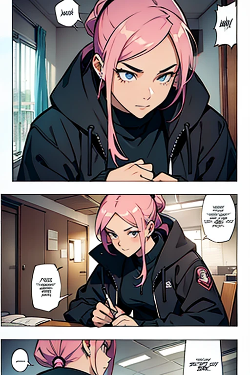  evil girl with pink hair, manga page with panels and dialogue 