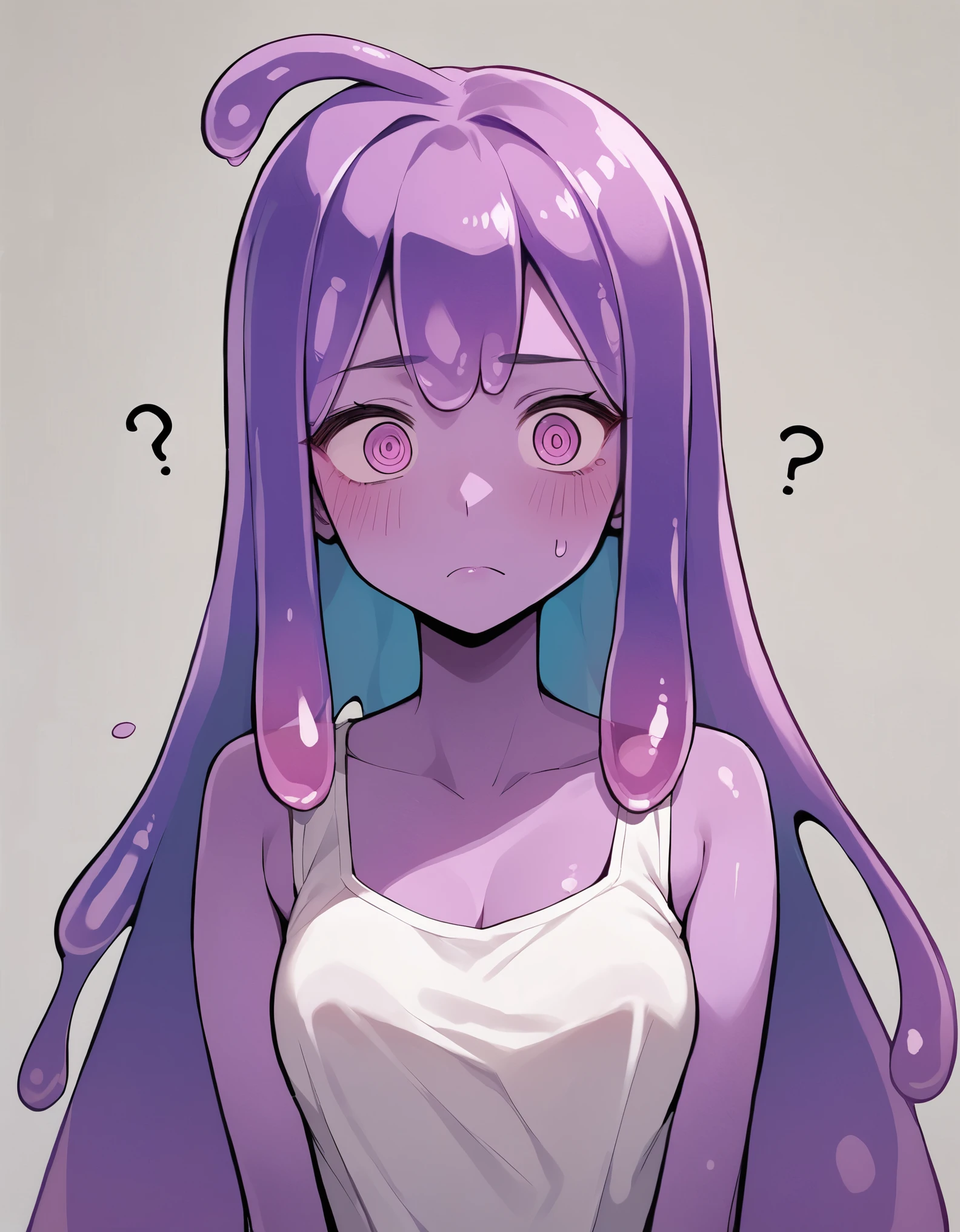 slime girl, monster girl, purple skin, @ @, confused, poking score_9, score_8_up, score_7_up, score_6_up, score_5_up, score_4_up, source anime, transparent body, slime \(substance\),