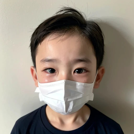 Handsome kindergarten boy with infectious disease、Appearance of suffering. He is wearing a white mask. He has a high fever. he is sleeping. He has a cough. He is exhausted. He is taking his temperature with a thermometer. He is dying. He is cooling his forehead with a cooling gel sheet..Are crying