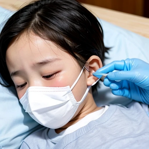 Handsome kindergarten boy with infectious disease、Appearance of suffering. He is wearing a white mask. He has a high fever. he is sleeping. He has a cough. He is exhausted. He is taking his temperature with a thermometer. He is dying. He is cooling his forehead with a cooling gel sheet..Are crying