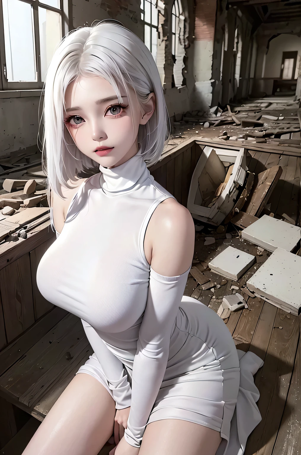 (masterpiece、highest quality、Every detail,Fantastic lighting,Depth of written boundary)(1girl,solo)(cute girl,Turtleneck long dress,No sleeve,White hair bob、medium beautiful breasts,thin and white legs、White skin)(ruins、Dilapidated Building、Collapsed Wall)(Close-up)(Neat and clean female behavior)